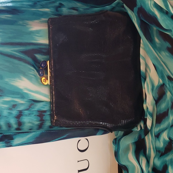 Gucci Vintage Rare Black Lizzard LAPIS STONE Beads Shoulder Clutch Bag GORGEOUS! - Picture 13 of 15